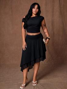 Rustia Plus Size Polka Dot Asymmetrical Hem A-Line Elegant Romantic Skirt - Black - View 8