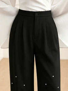 Modelyn Women's Gradient Pearl Decor Straight Leg Pants With Pockets, Elegant For Party And Banquet Wear Black Vintage Fall/Winter Formal - Black - View 6