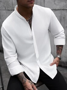 Manfinity CasualCool 男士純棉立領隱扣紋理襯衫 極簡日系休閒白色長袖襯衫 適合商務與日常穿著 - 白色 - 查看 4