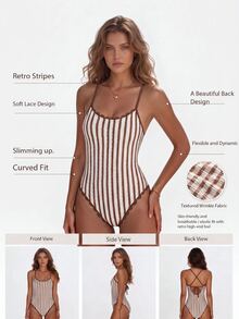 SHEIN SunnyBelle بدلة سباحة قطعة واحدة صفراء لطيفة لعطلة الصيف على الشاطئ، بطبعة حياة المحيط وألوان متباينة، بحمالات رفيعة وظهر مكشوف وقصة عالية ومثلثة ضيقة - بني - مشاهدة 10