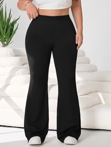 Solflare Plus Size Women Solid Color High Waist Casual Versatile Flare Pants - Black - View 4
