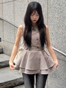 FRIFUL Women's Houndstooth Double-Breasted Lapel Sleeveless Blouse - Khaki - View 3