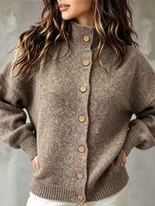 Trelyra Women's Autumn/Winter Solid Color Fashion Dropped Shoulder Lapel Button Front Cardigan - Maroon - View 4