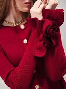 SHEIN Women's Cardigan Slim Fit Textured Knit Pearl Buttons Ruffle Cuffs Round Neck Elegant Red Solid Sweater Cardigan For Women Knit National Day - Burgundy - View 1