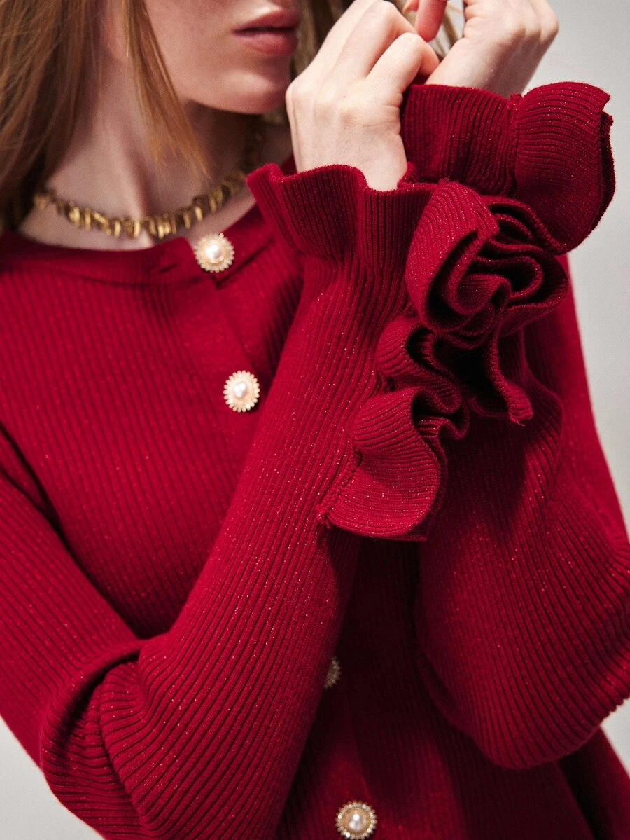 SHEIN Women's Cardigan Slim Fit Textured Knit Pearl Buttons Ruffle Cuffs Round Neck Elegant Red Solid Sweater Cardigan For Women Knit National Day - Burgundy - View 1