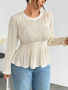 Firerie Plus Size Women's Solid Color Pleated Casual Daily Long Sleeve Shirt - Apricot - View 1