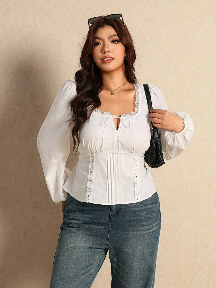 Elaquor Plus Size Elegant Lace Patchwork Pleated Tie-Front Blouse - White - View 1