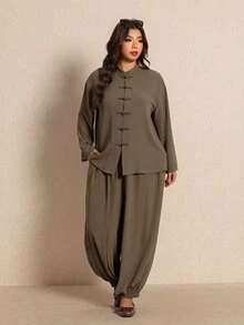 Elaquor Women's Plus Size Solid Color Long Sleeve Button Front Shirt And Wide Leg Pants Casual 2 Pieces Set Fall/Winter Casual Daily Going Out Office Sets - Army Green - View 1