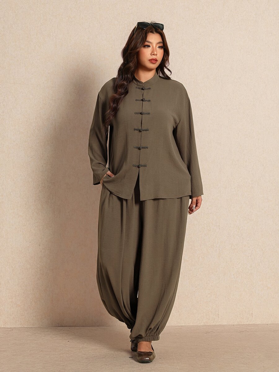 Elaquor Women's Plus Size Solid Color Long Sleeve Button Front Shirt And Wide Leg Pants Casual 2 Pieces Set Fall/Winter Casual Daily Going Out Office Sets - Army Green - View 1