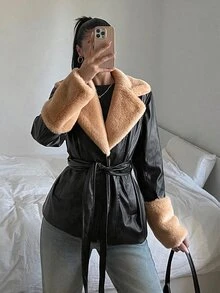 SHEIN EZwear 純色長袖休閒 PU 拼接收腰抽繩夾克 秋冬款 - 彩色 - 查看 6