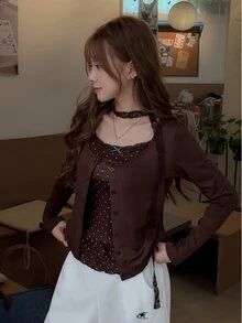 K-Vae Korean Style Gentle Brown Long Sleeve Cardigan Jacket Women Early Autumn Inner Layer Ruffle Hem Polka Dot Camisole 2pcs Set - Coffee Brown - View 4