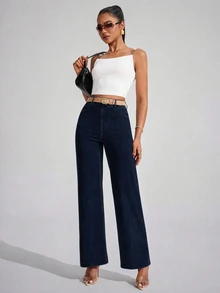 SHEIN PETITE 女款休閒彈性修身直筒牛仔褲，四季皆宜 - 深色水洗藍 - 查看 6