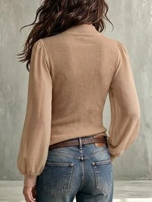 Wandoria French Style Semi-High Neck Ribbed Knit Body With Chiffon Patchwork Puff Long Sleeve Slim Fit Flattering Commuter Elegant Base Layer Top - Khaki - View 2