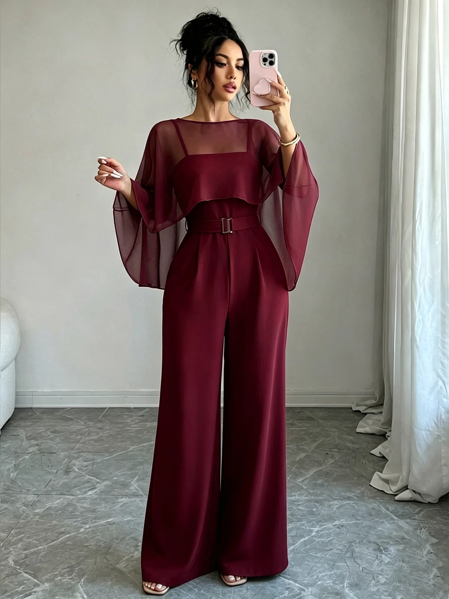 SHEIN Raffinéa Women's Elegant Spaghetti Strap Jumpsuit With Mesh Cape Top Set - Burgundy - View 1