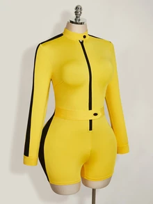 SHEIN ICON Plus Size Women's Zipper Front Long Sleeve Y2K Yellow & Black Contrast Color Romper, Halloween - Yellow - View 4