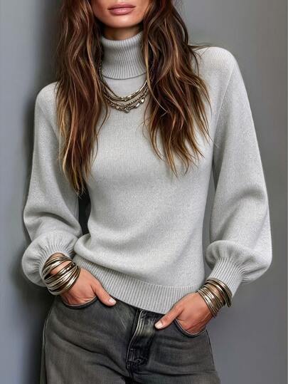 SHEIN Autumn/Winter, Elegant, Light Gray Lapel Lantern Sleeve Fitted Sweater, Daily Wear, Holiday Wear, Commute Wear, Women's Sweater