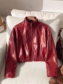 SHEIN 青少年女孩純色PU皮革拉鍊休閒百搭日常長袖夾克 - 紅色 - 查看 9