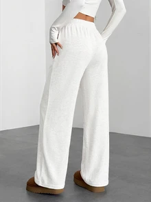 SHEIN PETITE Women's Drawstring Waist Solid Color Casual Daily Long Pants - Light Grey - View 2