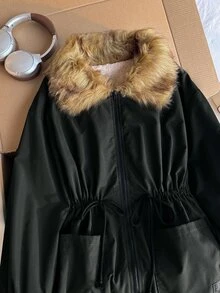 CovetEZ Plus Size Women's Faux Fur Collar Long Sleeve Drawstring Waist Zipper Front Casual Winter Jacket - Army Green - View 6