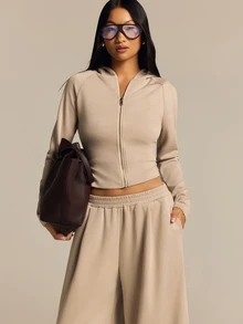 COSMINA Hooded Zip-Up Long Sleeve Sweatshirt And Wide Leg Pants Set, Casual Autumn/Winter - Khaki - View 3