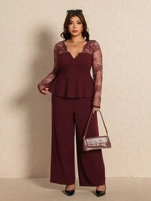 Elaquor Plus Size Elegant Lace Patchwork Top And Loose Long Pants 2 Pieces Set Fall/Winter Elegant 2 Pieces Set For Women Fall/Winter - Burgundy - View 1