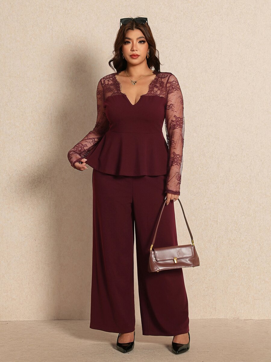 Elaquor Plus Size Elegant Lace Patchwork Top And Loose Long Pants 2 Pieces Set Fall/Winter Elegant 2 Pieces Set For Women Fall/Winter - Burgundy - View 1