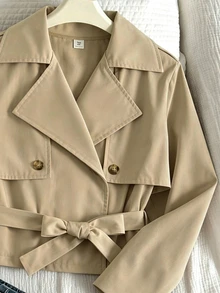 SHEIN Sparklyn Teen Girl Solid Color Waist Tie Casual Versatile Long Sleeve Jacket - Khaki - View 4