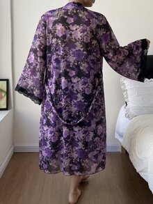 SHEIN 成熟優雅緞面細肩帶洋裝 花卉圖案網紗晨袍 大尺碼睡衣 2件套 - 黃色 - 查看 2
