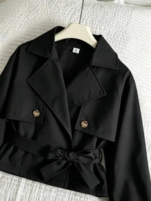 SHEIN 青少年女孩純色腰部綁帶休閒百搭長袖外套 - 黑色 - 查看 5