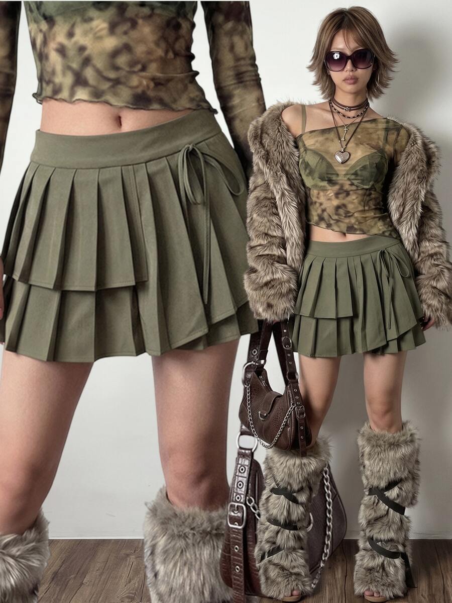 Bloopia Women's Solid Color Pleated Casual Versatile Daily Wear Skirt - Olive Green - View 1