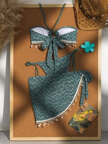 Swim Vcay Halloween Women's Sexy Tropical Fall/Summer Halter Pattern Bikini Set Crochet Ribbon Shell Decor Drawstring Vacation Skirt Beach Date Night Outfit - Multicolor - View 3