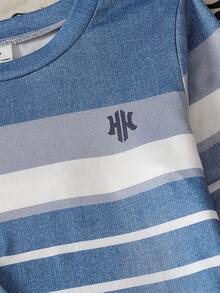 SHEIN Genkimix Kids 3件組兒童4-8歲休閒條紋與丹寧拼接長袖T恤套裝 - 藍白色 - 查看 3