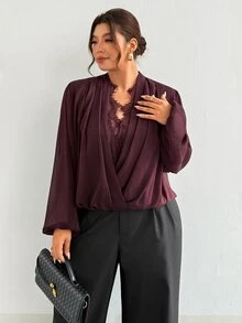 Firerie Plus Size Women's Lace Patchwork Casual Daily Wear Blouse - Red Violet - View 6