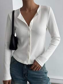 Livesso Women's Solid Color Long Sleeve Single-Breasted Casual Ribbed T-Shirt - White - View 3