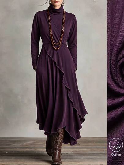 Linhara CURVE Women's Deep Purple Long Dress, High Neck Long Sleeve Criss-Cross Wrap Front, Asymmetrical Asymmetrical Hem Loose Drape Dress, Vintage Bohemian Style Autumn/Winter Casual Party Plus Size Dress