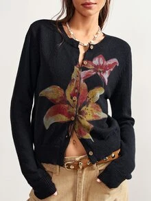 Bohemela Plus Size Women's Floral Print Casual Daily Cardigan - Black - View 3