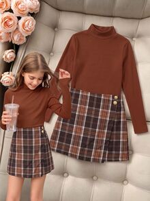 SHEIN 2件組女孩英式學院風小高領長袖T恤與格紋裙，秋季開學鈕扣裝飾套裝 - 咖啡棕 - 查看 4