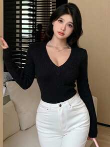 DAZY Women's Solid Color V-Neck Long Sleeve Casual Versatile Sweater, Autumn/Winter - Black - View 7