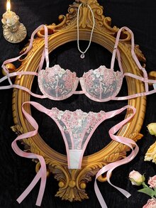 SHEIN 女款天藍色刺繡細肩帶內衣套裝 2件組 - 彩色 - 查看 3