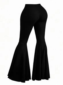 Rometta Plus Size High Elasticity Ribbed Slim Fit Flare Pants - Black - View 2