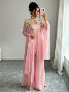 Elenzga 女款金色蕾絲披肩與抹胸連身褲兩件套 - 粉色 - 查看 5