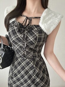 FRIFUL Women's Vacation Plaid Tie-Up Korean Style Dress - Black - View 7