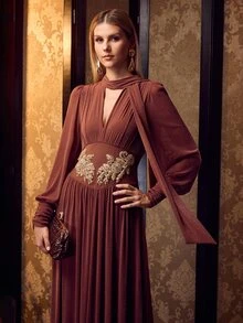 MOTF Soiréza ELEGANT LONG SLEEVE BEADED PLEATED EVENING DRESS - Brown - View 6