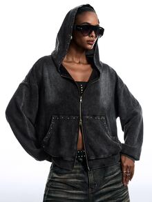 LYSMO Women's Fashion Punk Street Style Rivet Decor Zipper Front Drop Shoulder Loose Washed Sweatshirt - Black - View 1