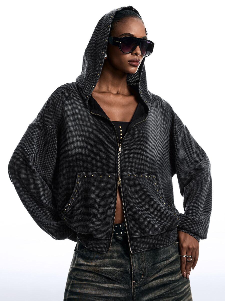 LYSMO Women's Fashion Punk Street Style Rivet Decor Zipper Front Drop Shoulder Loose Washed Sweatshirt - Black - View 1