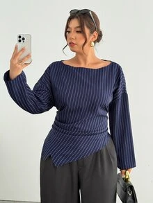 Firerie Kemeja Pullover Lengan Panjang Bergaris Biru & Putih Ukuran Plus dengan Lipatan Pinggang Leher Perahu untuk Musim Gugur/Dingin/Pakaian Kerja - Blue and White - View 4