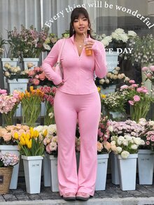 SHEIN EZwear 大尺碼休閒輕量瑜伽彈性夾克與喇叭褲兩件套 - 藕粉色 - 查看 5
