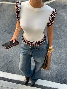 Siren Gaze Women's Fashion Ivory Colorblock Sleeveless Brown Ruffle Hem Knit Top - Apricot - View 7