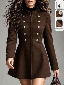 Yalmera Women's Autumn/Winter Solid Color Double-Breasted Zipper Placket Napoleon Overcoat - Brown - View 1