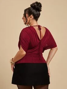 SHEIN BAE CURVE Plus Size Women's Burgundy Ruched V-Neck Top - Burgundy - View 7